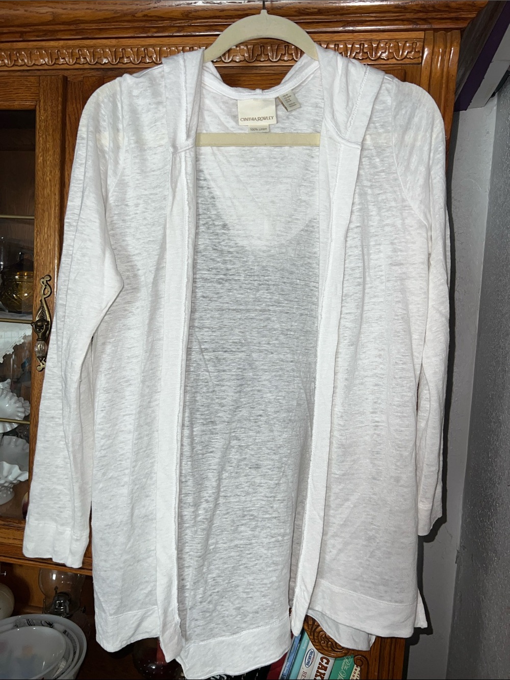 Cynthia Rowley Linen White Open-Front Hooded Cardigan